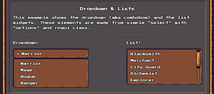 rpgui select input with two displays: dropdown or list.